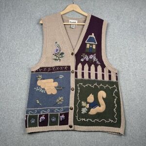 Teddi Sweater Vest Womens 1X Tan Novelty Cottagecore Squirrel Embroidered Knit